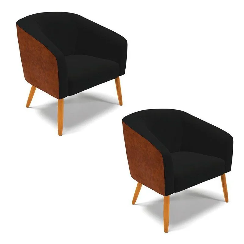 Kit 02 Poltronas Corano Nozes Com Linho Preto Pés Palito