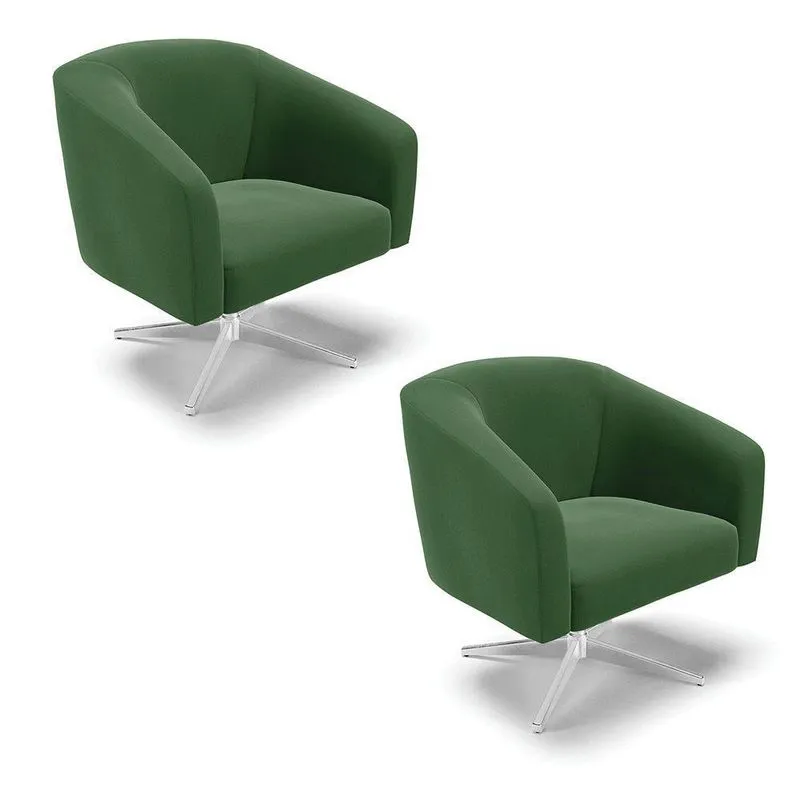 Kit 02 Poltronas Giratória Stella Suede Base Cromada Verde