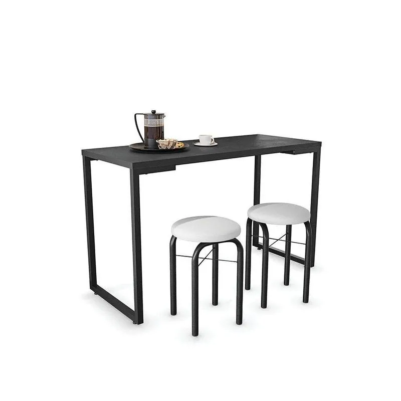 Mesa Multiuso Preto 120 Cm Com 02 Banquetas Corino Branco