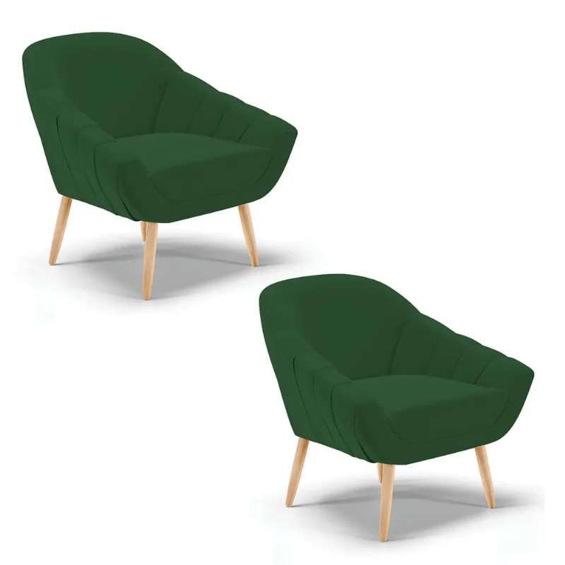 Kit 02 Poltronas Giovana Veludo Verde Pés Palito Natural - D'Rossi - DRossi