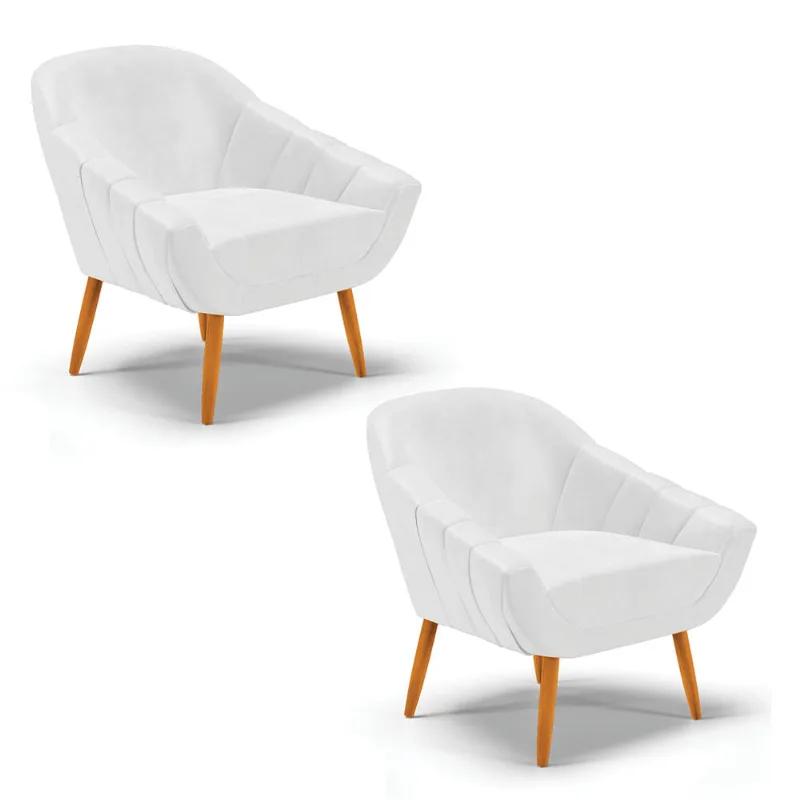 Kit 02 Poltronas Giovana Corano Branco Pés Palito Castanho - D'Rossi - DRossi