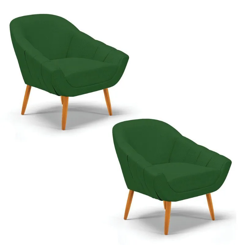 Kit 02 Poltronas Giovana Veludo Verde Luxo Castanho