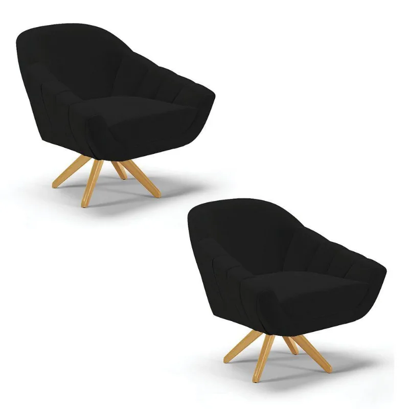 Kit 02 Poltronas Giratória Linho Preto Base Madeira