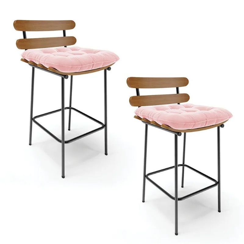 Kit 02 Banquetas Costela Suede Rosa Bebê Base Metálica Preto