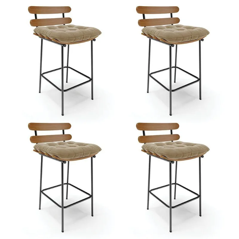 Kit 04 Banquetas Suede Marrom Rato Base Metálica Preto