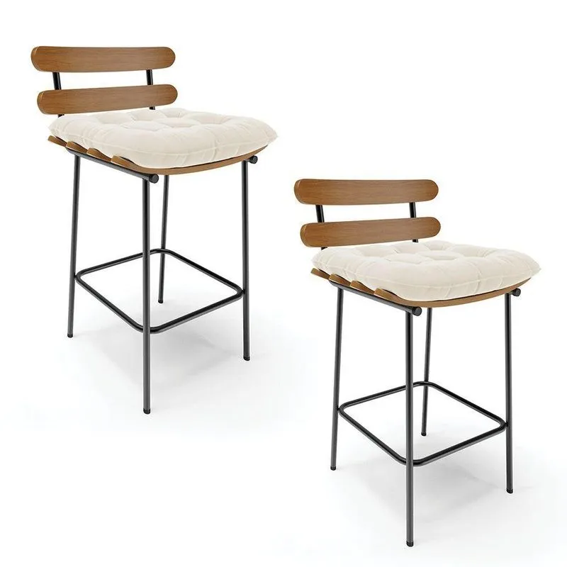 Kit 02 Banquetas Costela Veludo Bege Base Metálica Preto