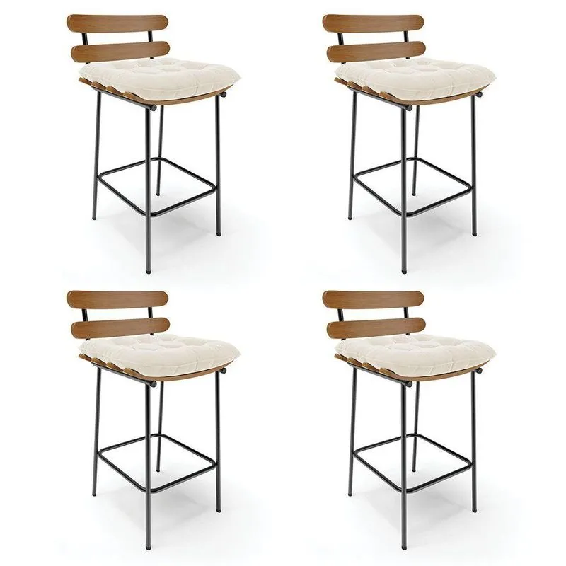 Kit 04 Banquetas Costela Veludo Bege Base Metálica Preto