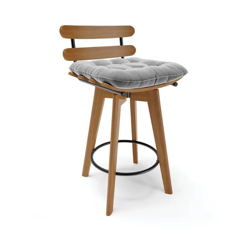 Banqueta Giratória Costela Suede Cinza Base Madeira Ma70