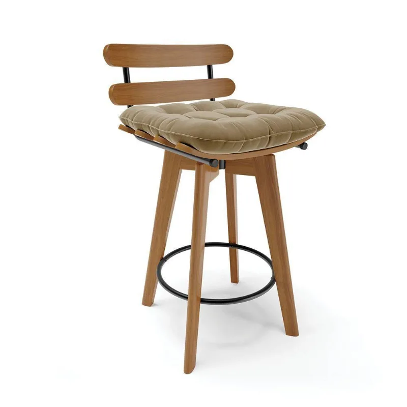 Banqueta Giratória Costela Suede Marrom Rato Base Madeira