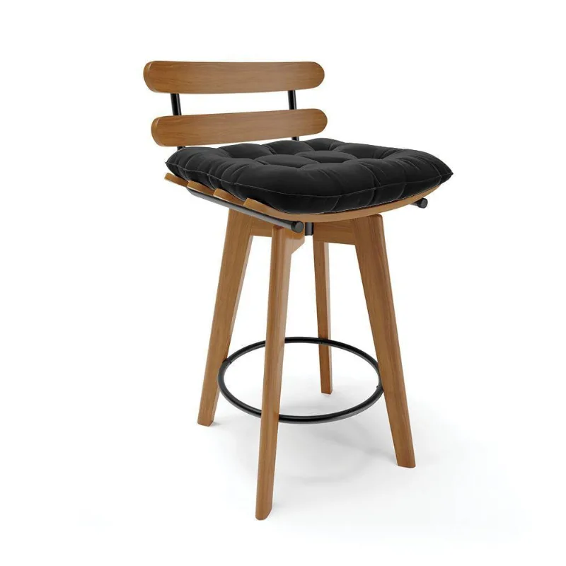 Banqueta Giratória Costela Suede Preto Base Madeira Ma70