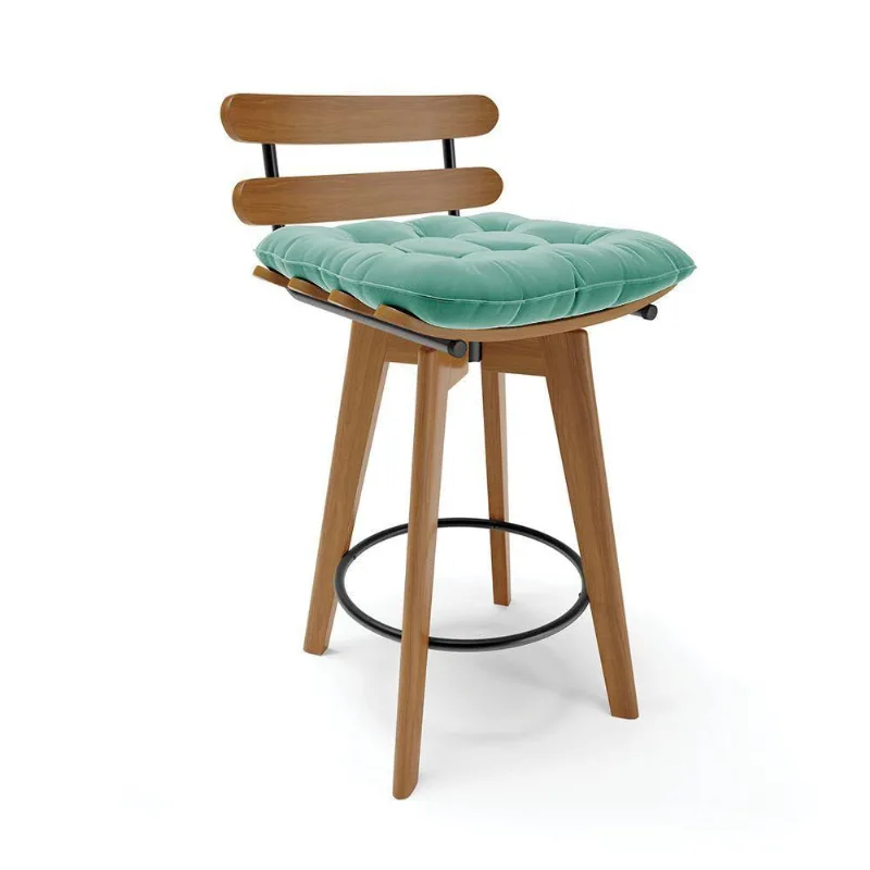 Banqueta Giratória Costela Suede Base Madeira Azul Turquesa