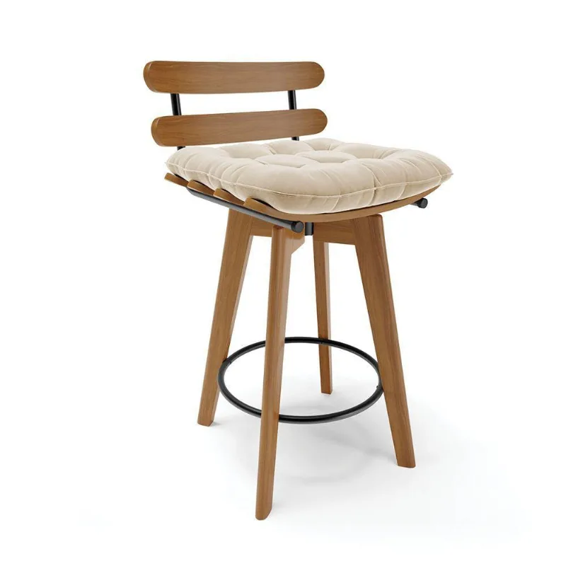 Banqueta Giratória Costela Suede Base Madeira Ma70 Cor Bege