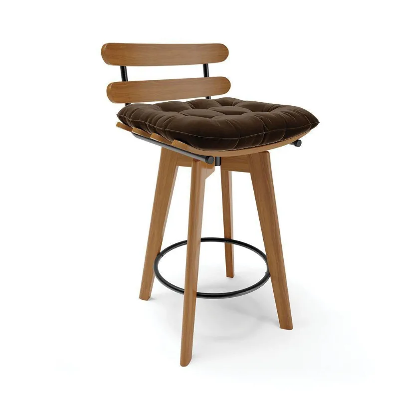 Banqueta Giratória Costela Suede Base Madeira Marrom
