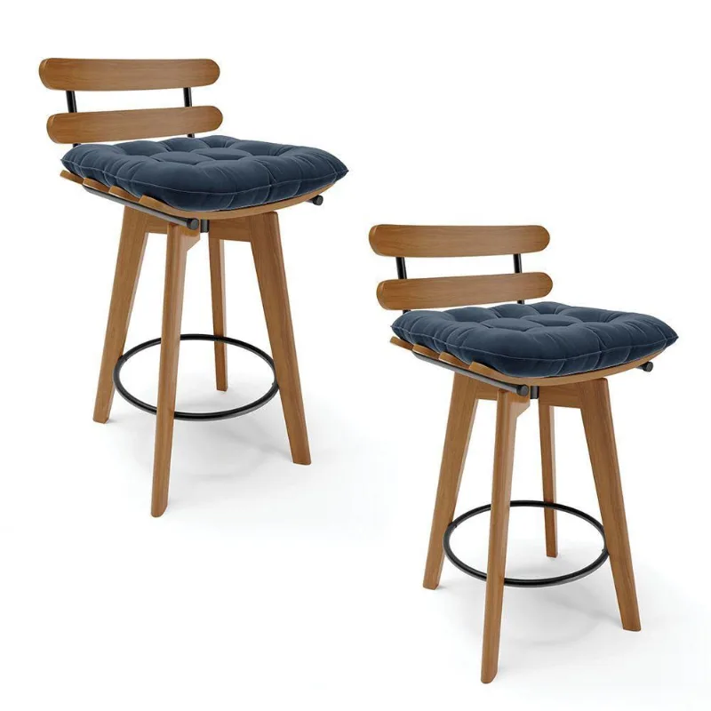 Kit 02 Banquetas Giratória Suede Base Madeira Azul Marinho