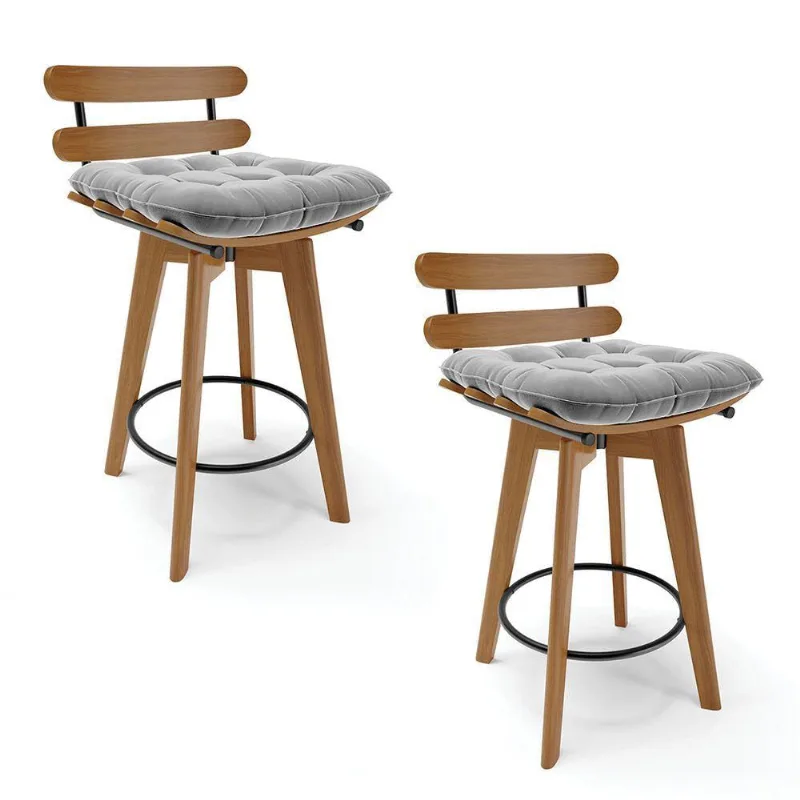 Kit 02 Banquetas Giratória Costela Suede Base Madeira Cinza