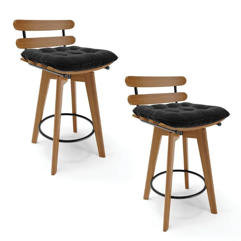 Kit 02 Banquetas Giratória Costela Suede Base Madeira Preto