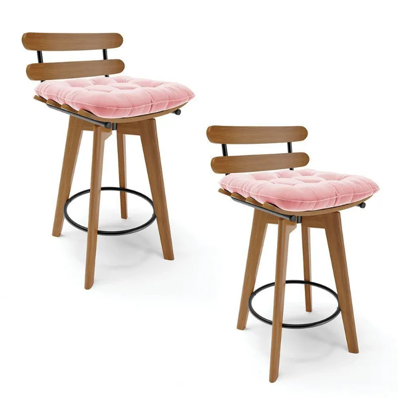 Kit 02 Banquetas Giratória Suede Base Madeira Rosa Bebê