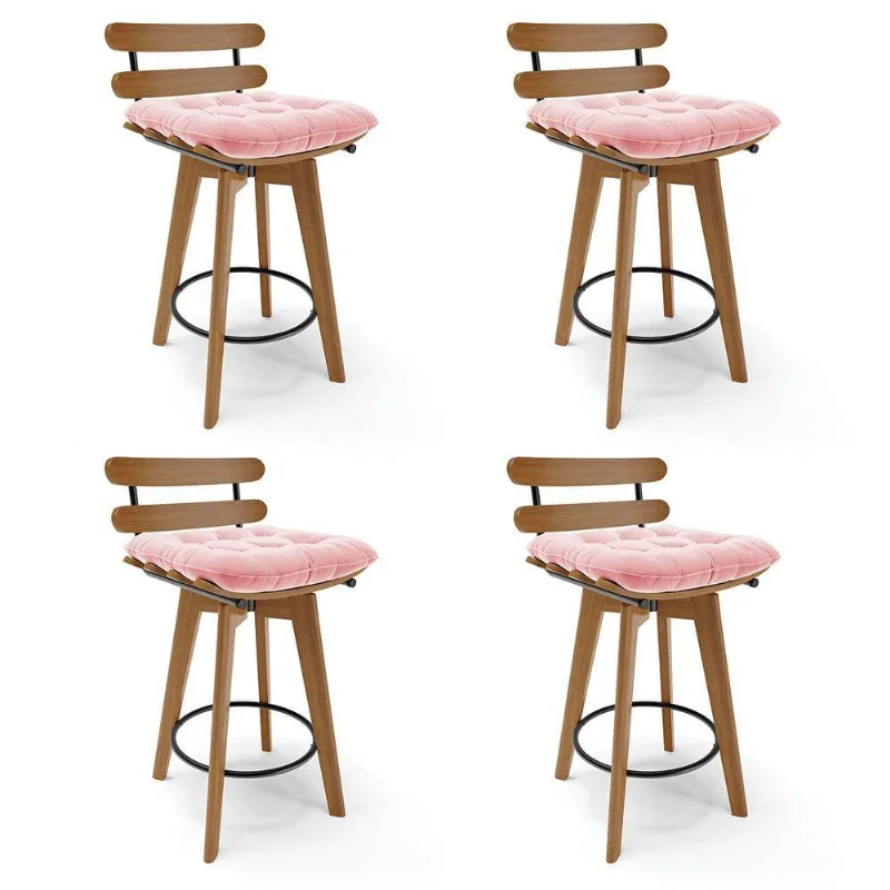Kit 04 Banquetas Giratória Suede Base Madeira Rosa Bebê