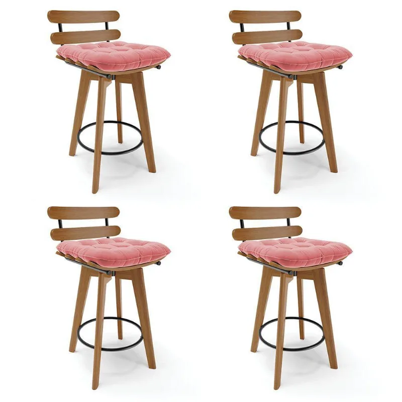 Kit 04 Banquetas Giratória Costela Suede Base Madeira Rose