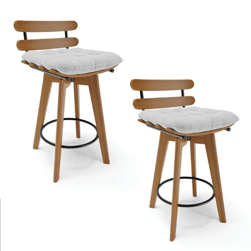 Kit 02 Banquetas Giratória Costela Linho Base Madeira Cinza
