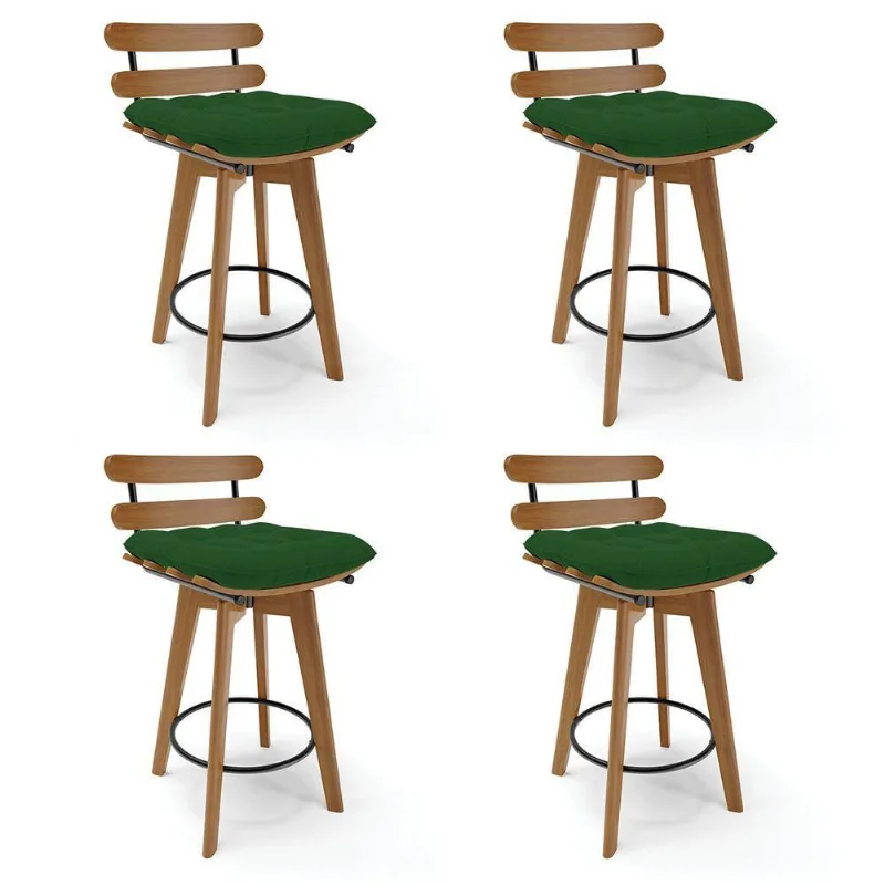 Kit 04 Banquetas Giratória Costela Base Madeira A136 Verde