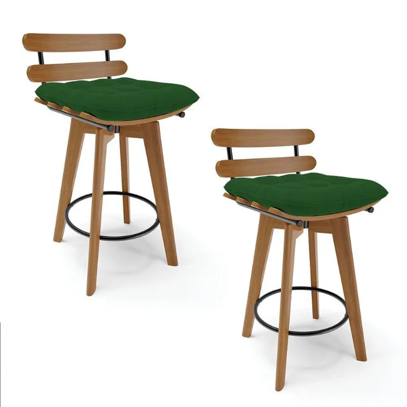 Kit 02 Banquetas Giratória Costela Verde A136 Base Madeira