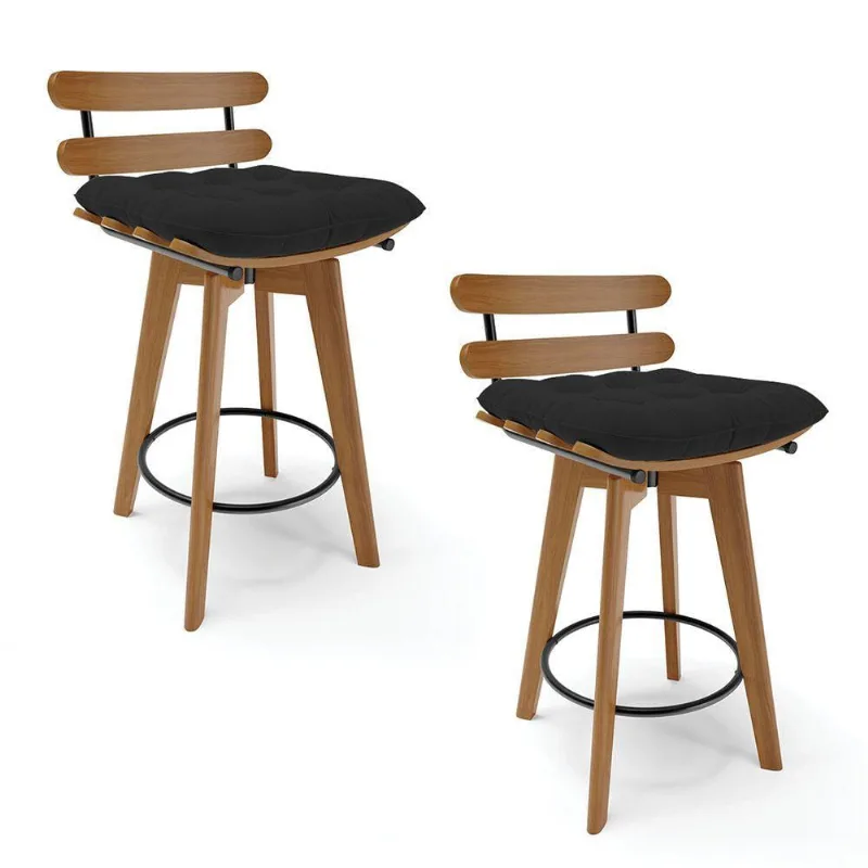 Kit 02 Banquetas Giratória Costela Preto Base Madeira