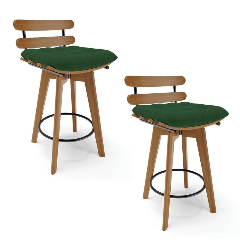 Kit 02 Banquetas Giratória Costela Verde Base Madeira