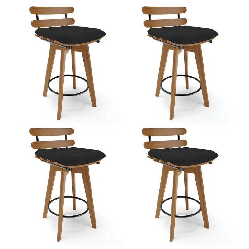 Kit 04 Banquetas Giratória Costela Preto Base Madeira