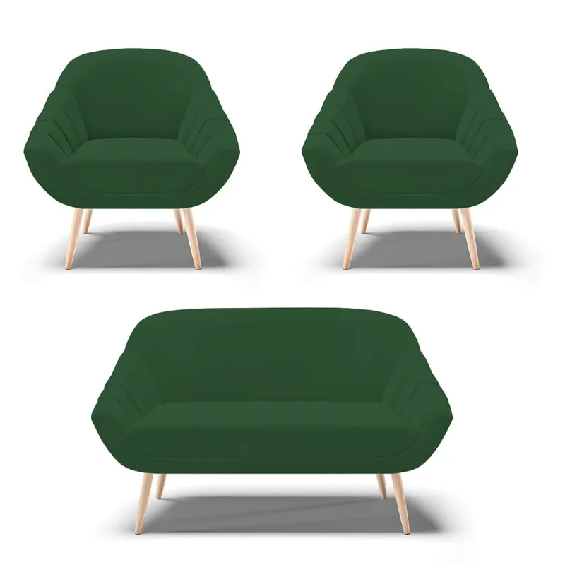Kit 01 Namoradeira 02 Lugares e 02 Poltronas Giovana Veludo Verde Pés Palito Natural - D'Rossi - DRossi