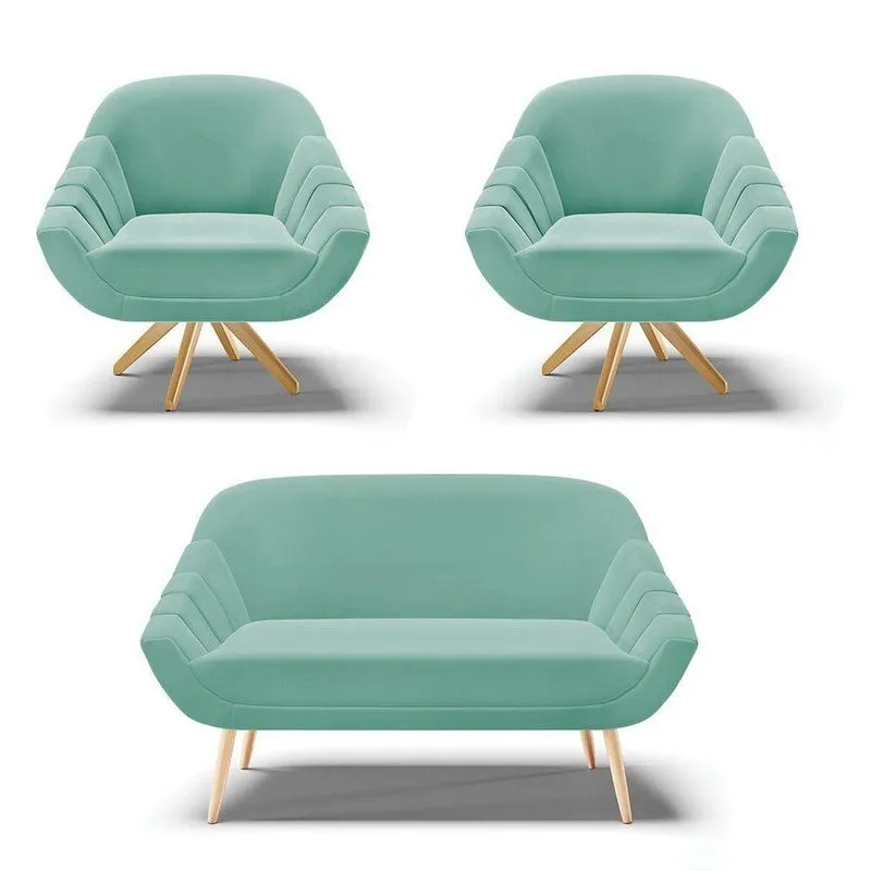 Kit Namoradeira E 2 Poltronas Giratória Suede Azul Turquesa