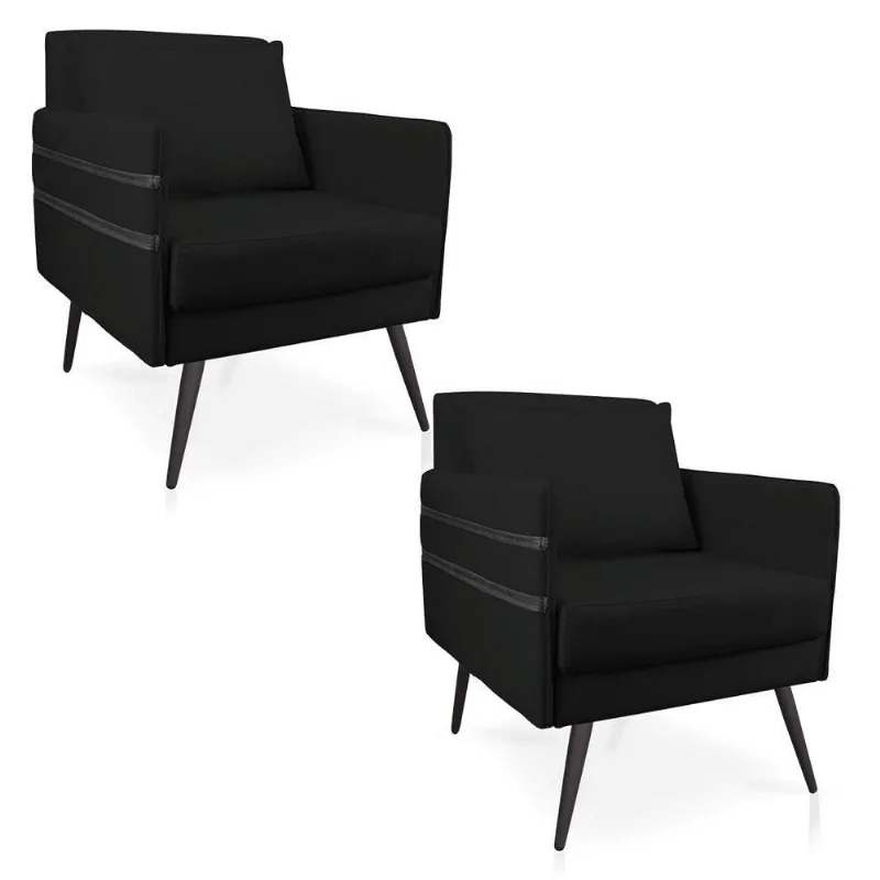Kit 02 Poltronas Mari Suede Preto Pés Palito De Ferro Preto