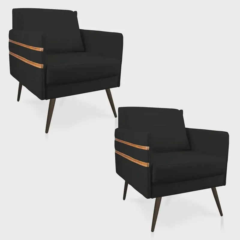 Kit 02 Poltronas Mari Suede Preto Pés Palito de Ferro Marrom - D'Rossi