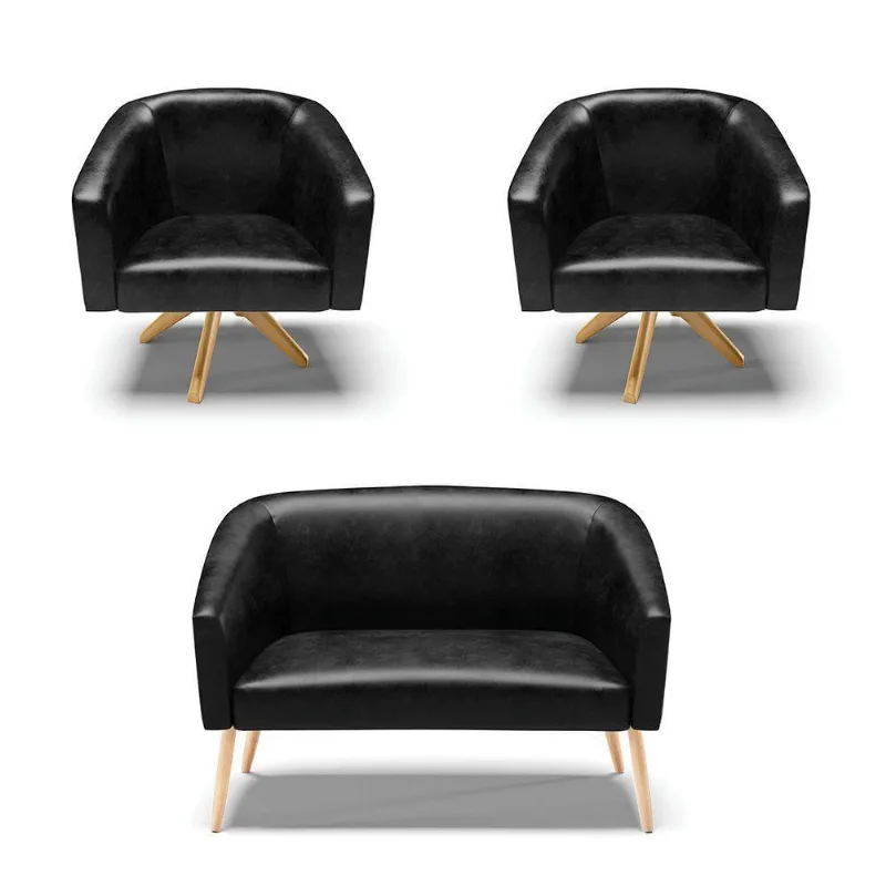 Kit 1 Namoradeira Pés Palito E 2 Poltronas Madeira Preto
