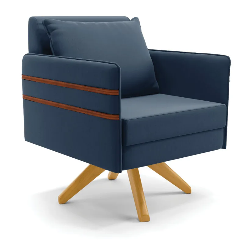 Poltrona Giratória Mari Suede Azul Marinho Base de Madeira MA30 - D'Rossi - DRossi