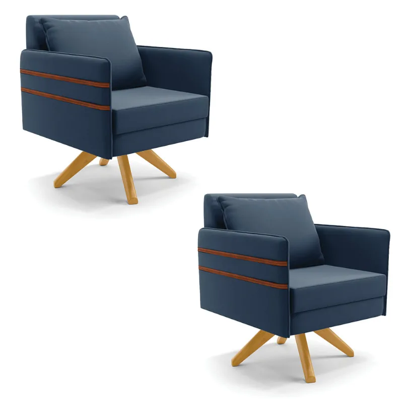 Kit 02 Poltronas Giratória Mari Suede Azul Marinho Base de Madeira MA30 - D'Rossi - DRossi