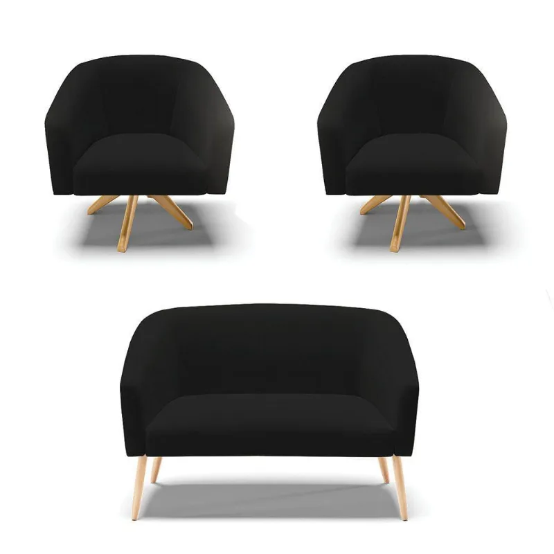 Kit 1 Namoradeira Pés Palito E 02 Poltronas LinhoA79 Preto