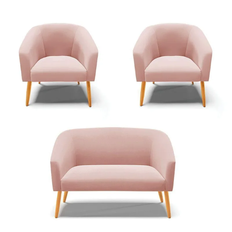 Kit 1 Namoradeira E 02 Poltronas Pés Palito Castanho Rose