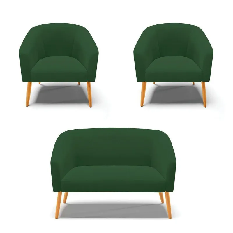 Kit 1 Namoradeira E 02 Poltronas Pés Palito Castanho Verde