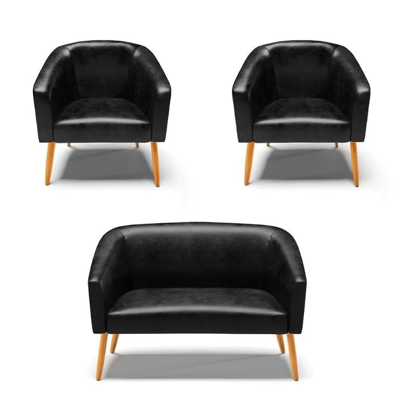 Kit 1 Namoradeira E 02 Poltronas Pés Palito Castanho Preto
