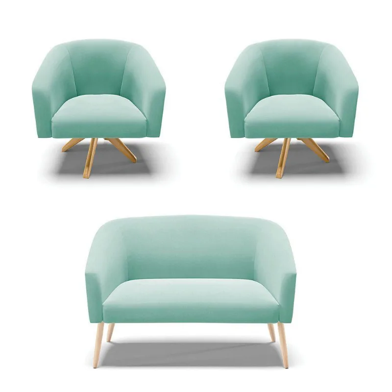 Kit 1 Namoradeira Pés Palito E 02 Poltronas Azul Turquesa