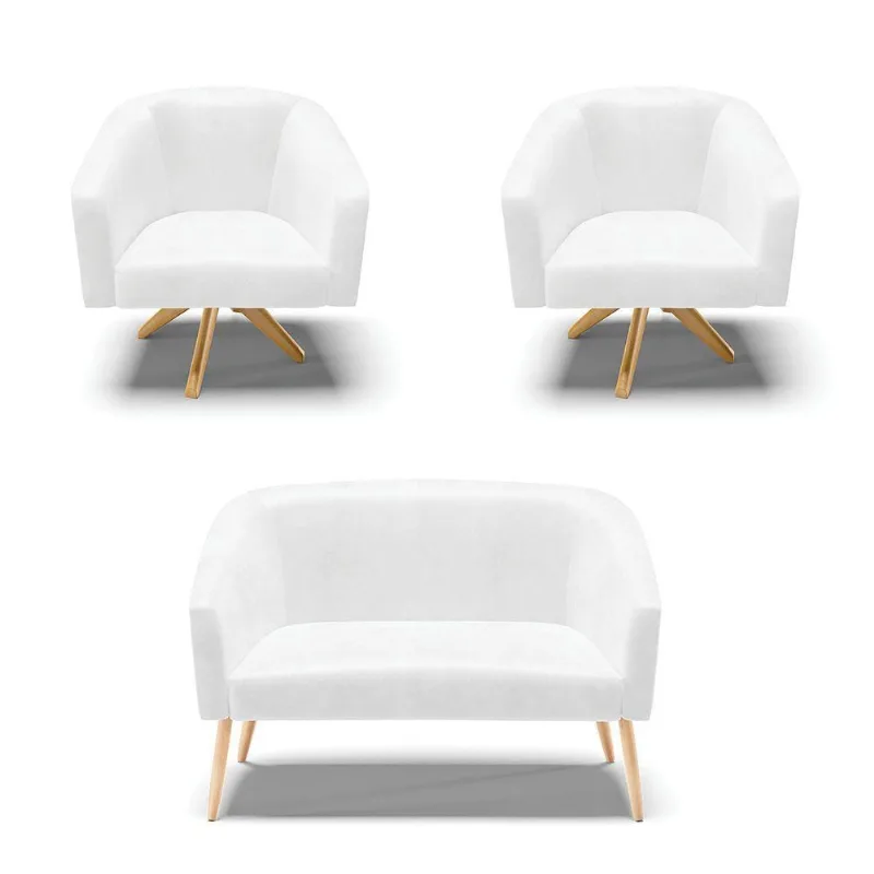 Kit 1 Namoradeira Pés Palito E 2 Poltronas Madeira Branco