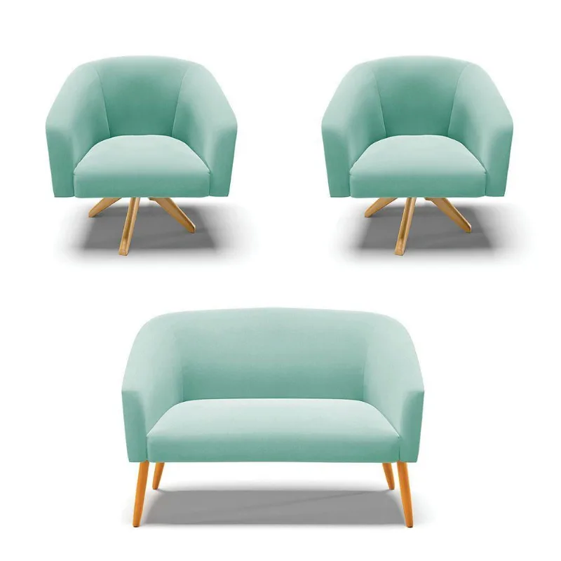 Kit 1 Namoradeira E 2 Poltronas Base Madeira Azul Turquesa
