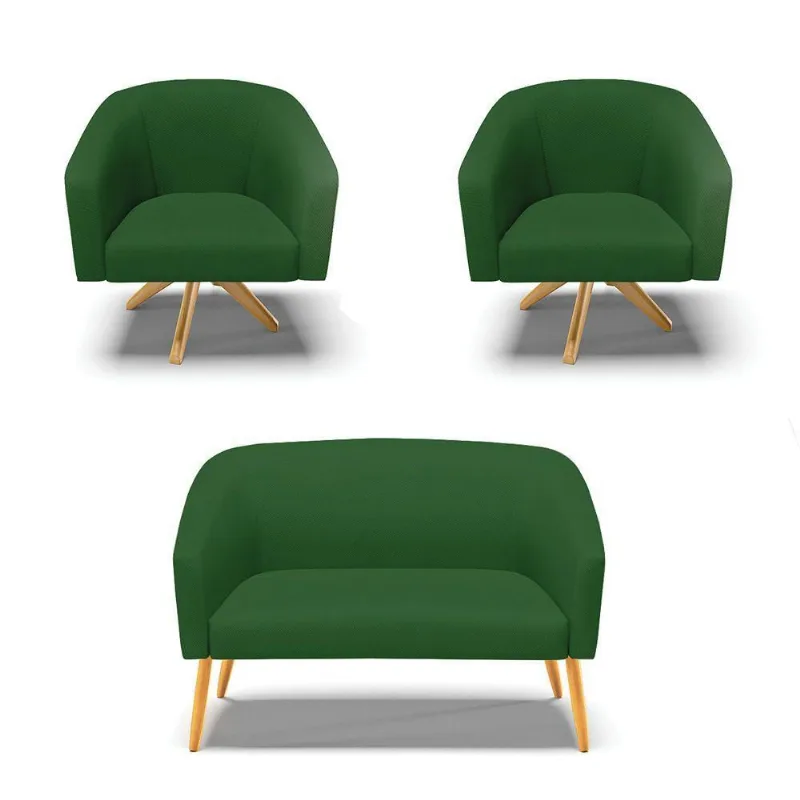 Kit 1 Namoradeira E 2 Poltronas Base Madeira A136 Verde