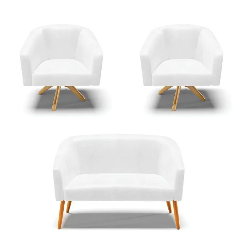 Kit 1 Namoradeira E 2 Poltronas Base Madeira Branco