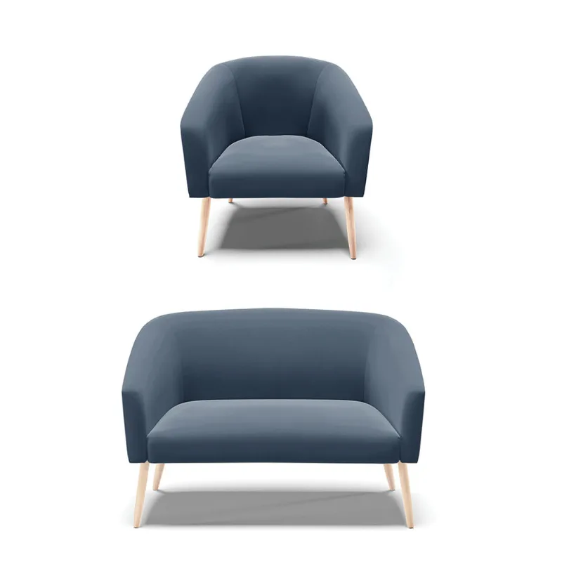 Sofá Namoradeira e Poltrona Pé Palito Natural Stella Suede Azul Marinho D03 - D'Rossi - DRossi
