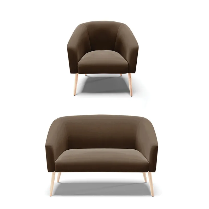 Sofá Namoradeira e Poltrona Pé Palito Natural Stella Suede Marrom D03 - D'Rossi - DRossi
