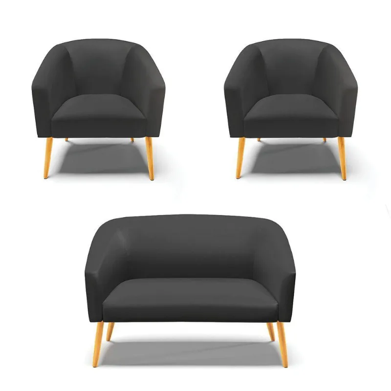 Kit 1 Namoradeira E 02 Poltronas Preto Pés Palito Castanho