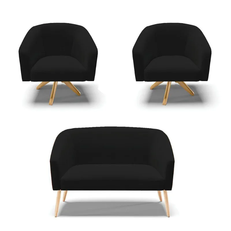 Kit 1 Namoradeira Pés Palito E 02 Poltronas Nozes Preto A79