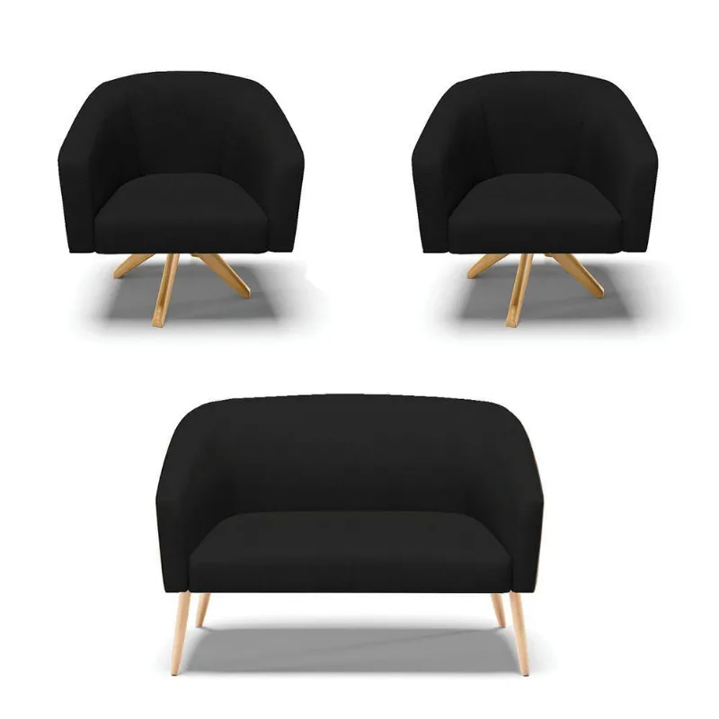 Kit 1 Namoradeira Pés Palito E 02 Poltronas Nozes Preto A81